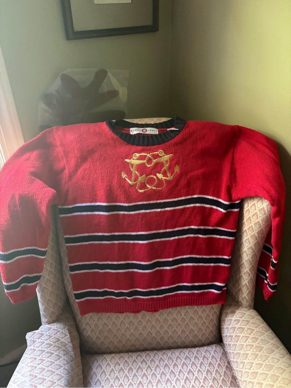Karen Scott Red Crewneck Sweater with Navy and White Stripes